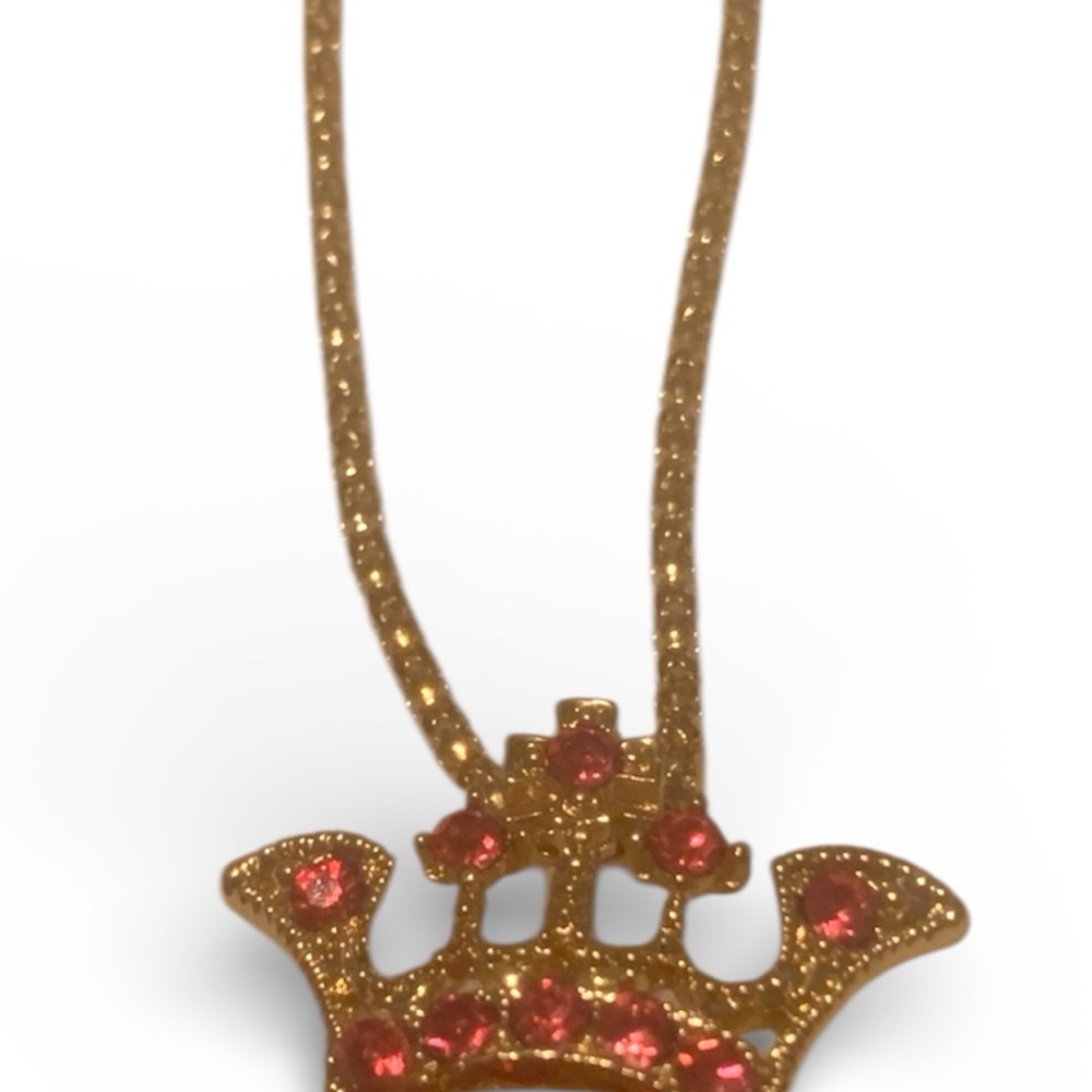 NEW Betsey Johnson Gold Crystal Crown Red CZ Heart Necklace 18”-22” chain NWT - Picture 6 of 8